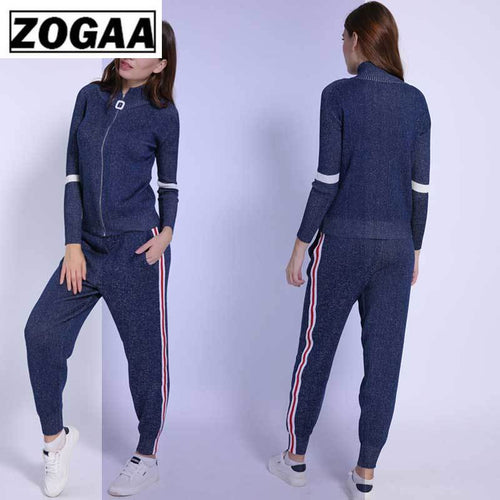 Women Tracksuit 2020 Autumn Casual Turtleneck Knit Sportwear Long Sleeve 2 Piece Pants Sets Stripe Knitting Suits Women