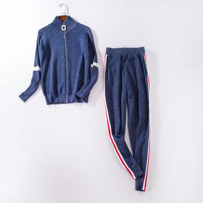 Women Tracksuit 2020 Autumn Casual Turtleneck Knit Sportwear Long Sleeve 2 Piece Pants Sets Stripe Knitting Suits Women