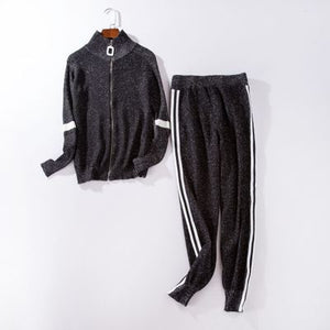 Women Tracksuit 2020 Autumn Casual Turtleneck Knit Sportwear Long Sleeve 2 Piece Pants Sets Stripe Knitting Suits Women
