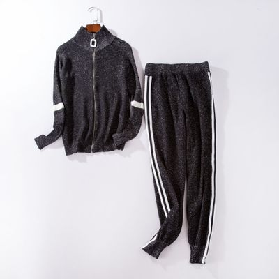 Women Tracksuit 2020 Autumn Casual Turtleneck Knit Sportwear Long Sleeve 2 Piece Pants Sets Stripe Knitting Suits Women