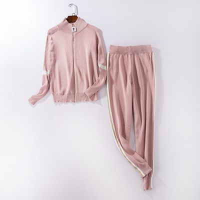 Women Tracksuit 2020 Autumn Casual Turtleneck Knit Sportwear Long Sleeve 2 Piece Pants Sets Stripe Knitting Suits Women