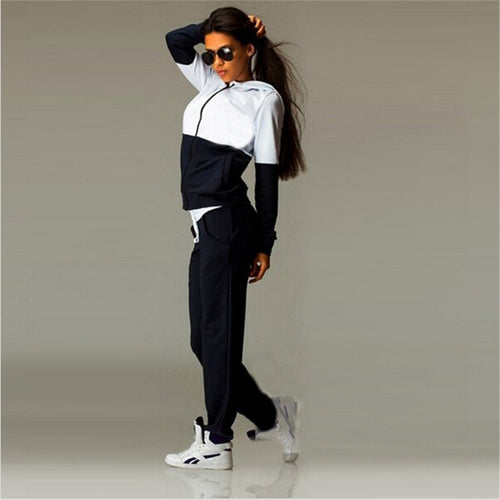 Women Femme Hooded Patchwork cotton Casual sportwear sporting track