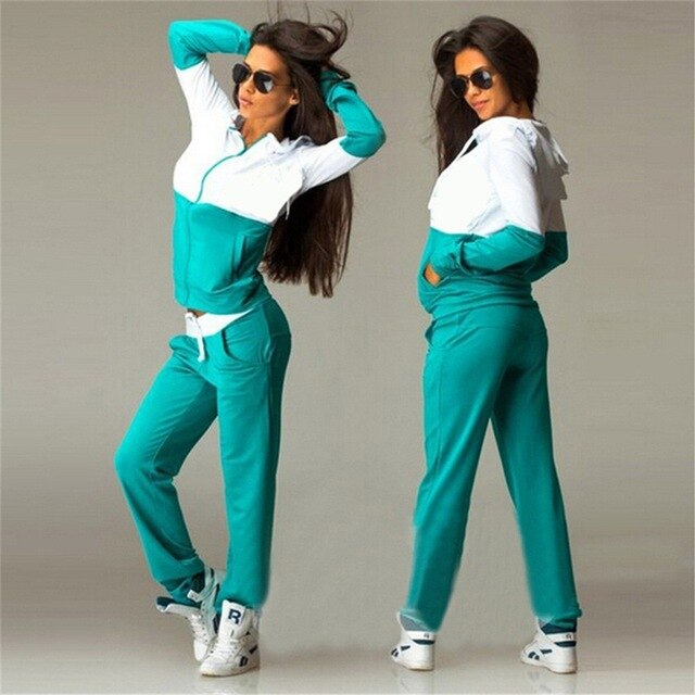 Women Femme Hooded Patchwork cotton Casual sportwear sporting track